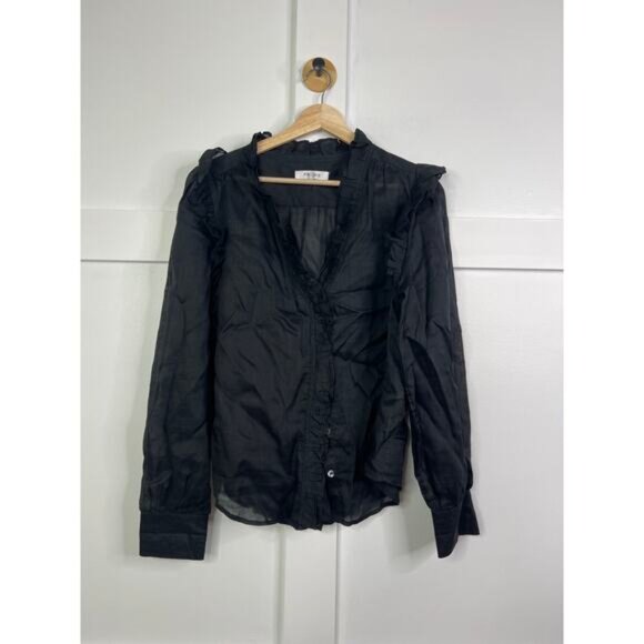 NEW Frame Lauren Ruffled Long Sleeve Button Down Black Sheer Blouse Top - Picture 2 of 7